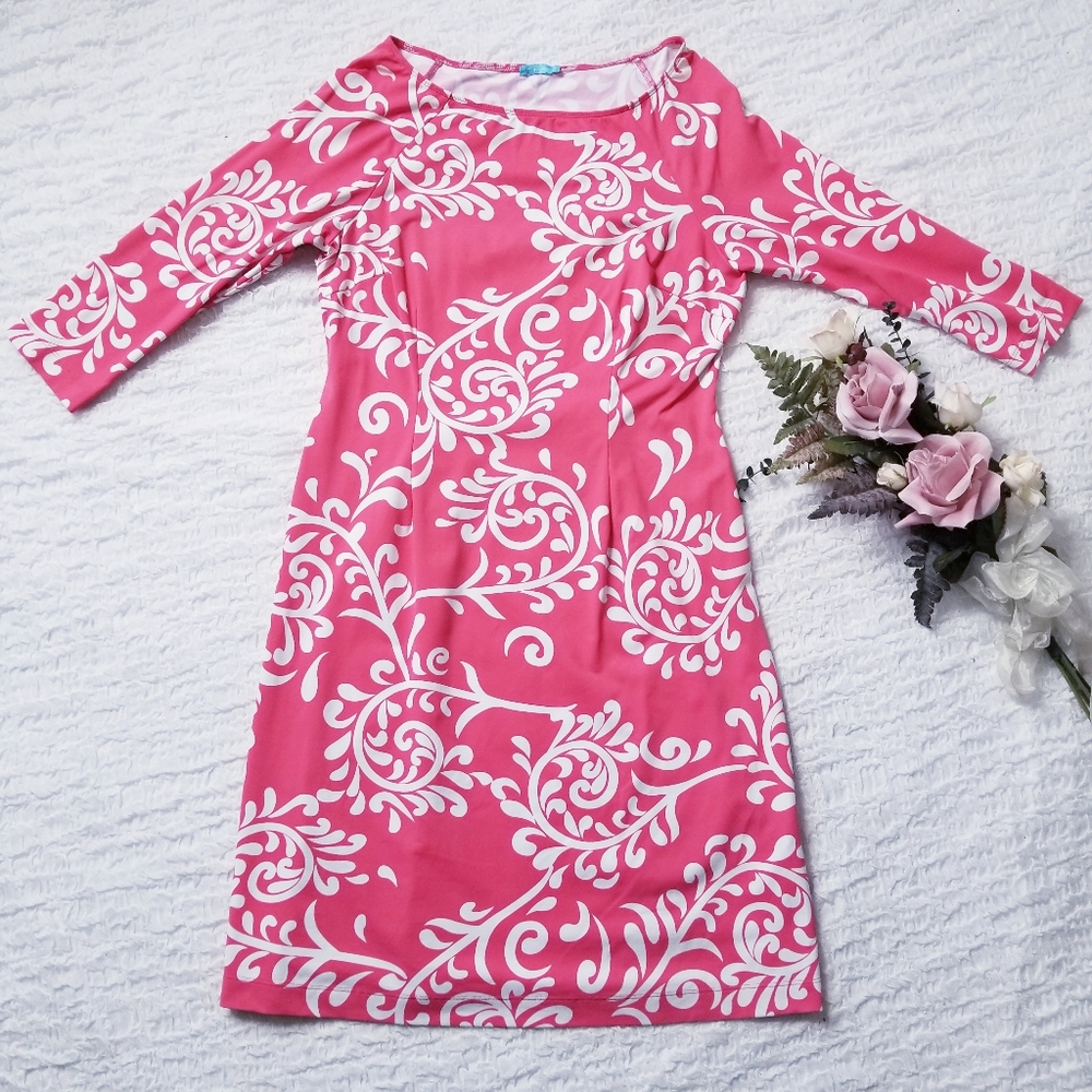 J. McLaughlin 3/4 Sleeve Print Coral Sheath Dress